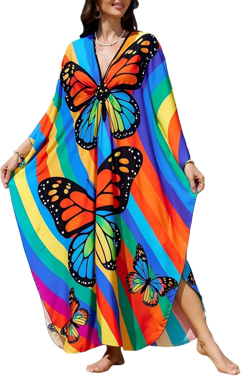 IMAGEKOPE Women's Plus Size Animal Print V-Neck Batwing Kaftan Beach Dress Bathing Suit Cover-Up Loungewear - Image 1